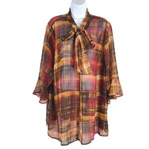 Catherines Tunic Top Blouse Tie Neck Multicolor Print Sheer Women's 2XWP Petite